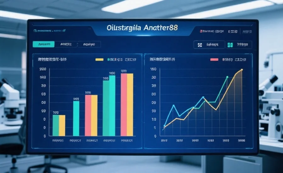 用数据可视化展示澳洲幸运8开奖号码的历史分布，包括柱状图和折线图，背景为现代分析实验室